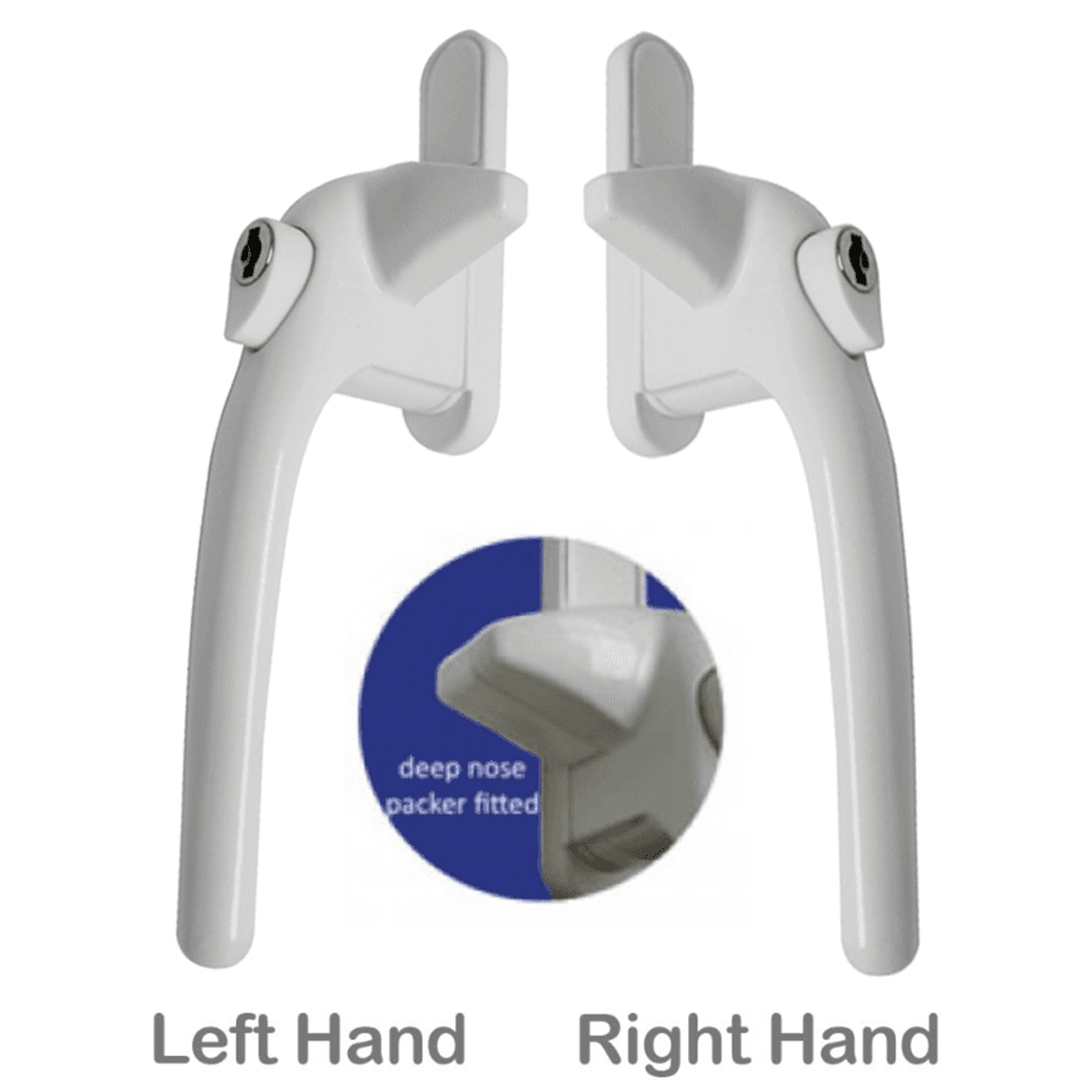 A set of white adjustable cockspur window handles, with a left-hand and a right-hand handle, including a close-up of the handle mechanism.