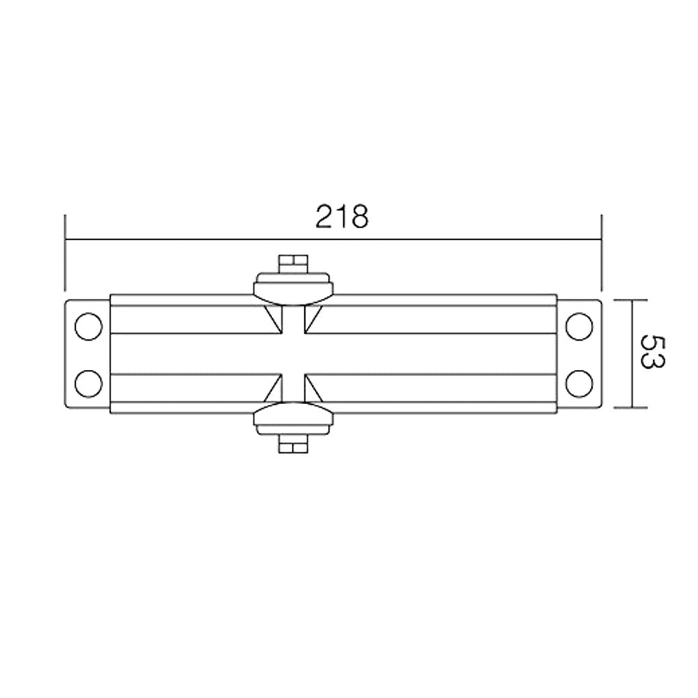 Technical drawing of a metal door security bar with dimensions 218mm in length and 53mm in height, featuring mounting holes on both ends.