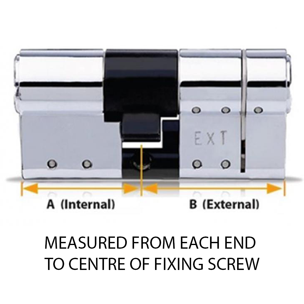 Chrome euro cylinder lock showing internal (A) and external (B) measurement points from each end to the center of the fixing screw. The lock is labeled 'EXT' on the external side, with a black central cam. Measurement arrows highlight how to determine the correct cylinder size