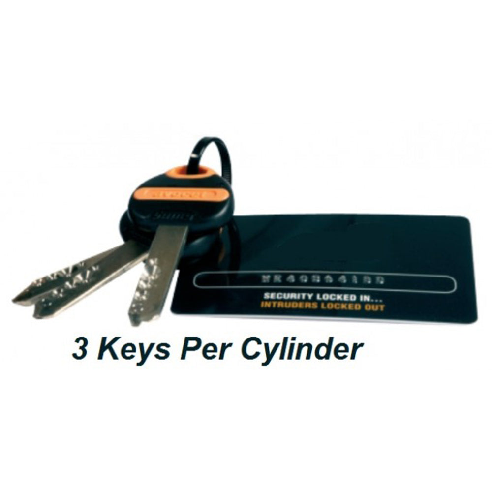 Three keys on a keyring next to a security card, with text '3 Keys Per Cylinder'.