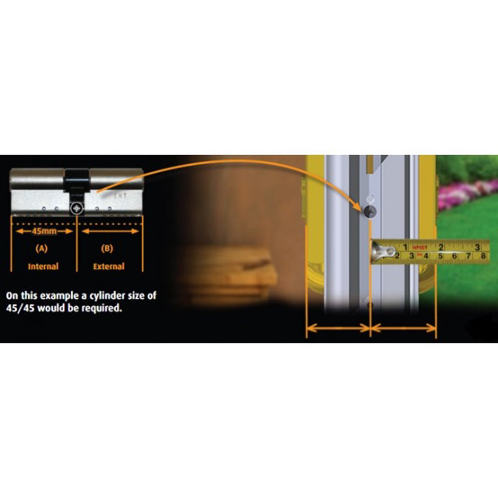 Diagram showing how to measure a door cylinder with a tape measure, indicating internal and external measurements of 45mm each.