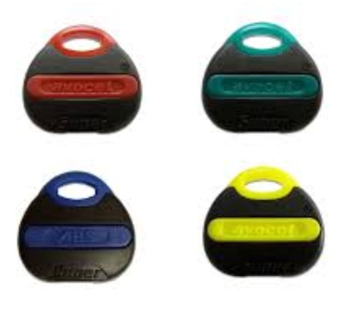 A collection of Avocet ABS key fobs in various colors including red, green, blue, and yellow.