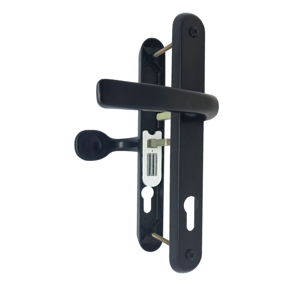 Black UPVC door handle set with thumb turn lock mechanism.