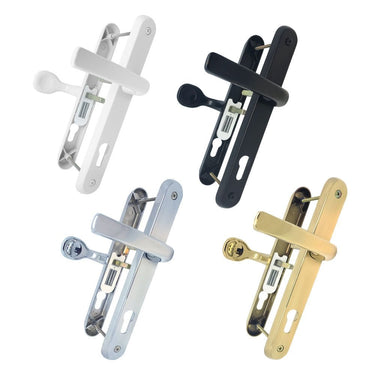 Set of four UPVC door handle sets with internal thumb turn locks in different finishes: white, black, chrome, and gold.