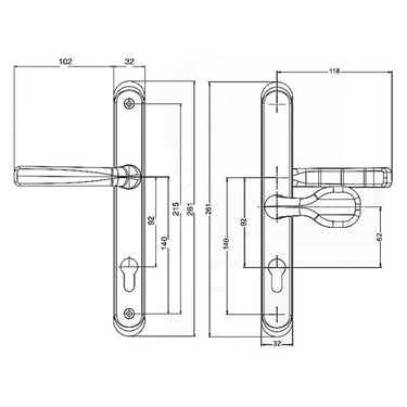 Technical diagram of UPVC door handles with thumb turn, showing detailed measurements including 92mm PZ centre and 215mm screw hole spacing.