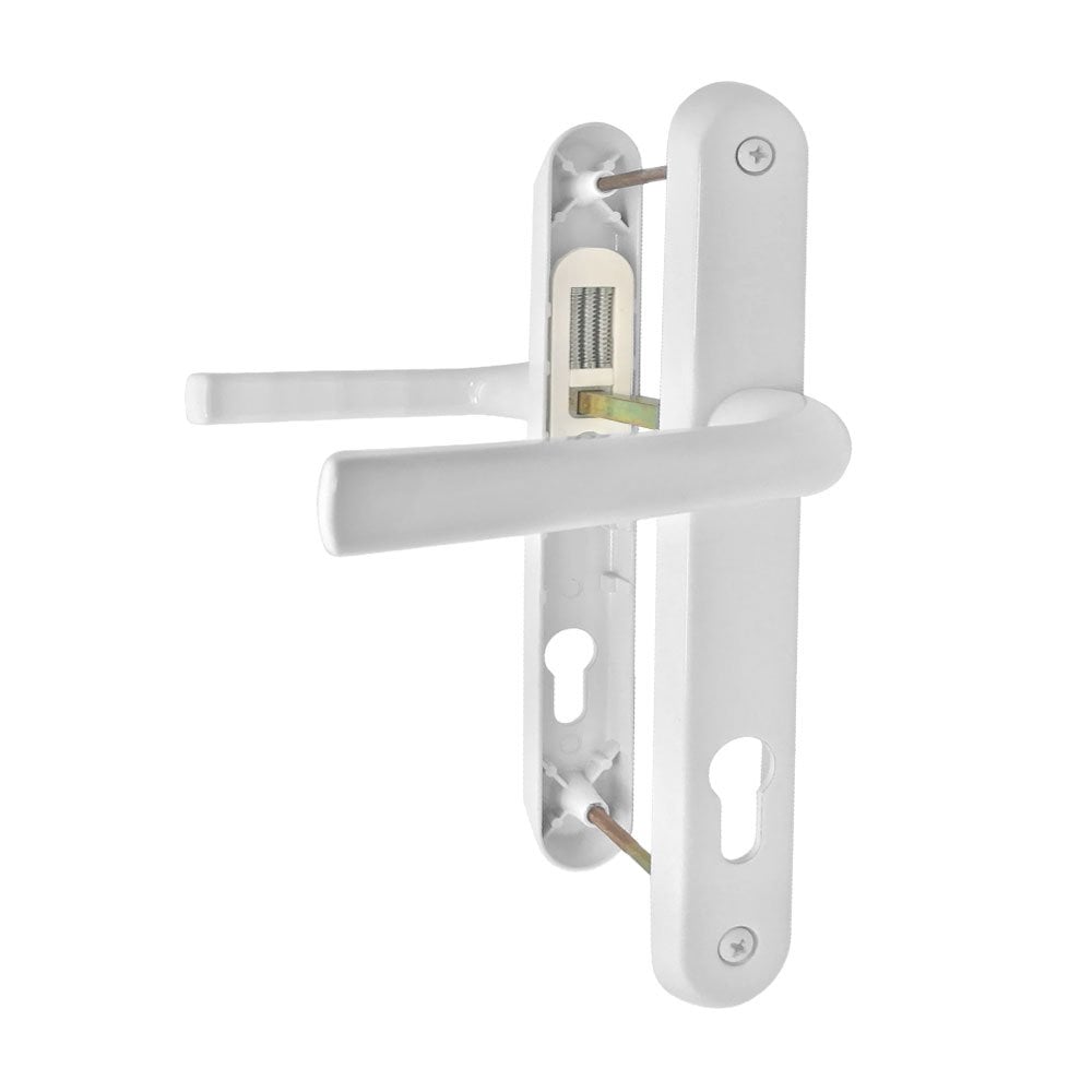 White UPVC door handles with lever-lever design and Euro cylinder keyhole cutouts, designed for multipoint locking doors.