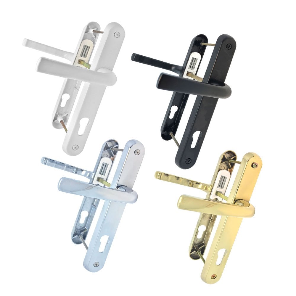 Four UPVC door handles in white, black, chrome, and gold finishes, featuring a lever-lever design with Euro cylinder keyhole cutouts.