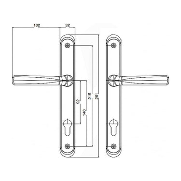 Technical drawing of UPVC door handles showing dimensions, including 92mm PZ center and 215mm screw fixing centers.