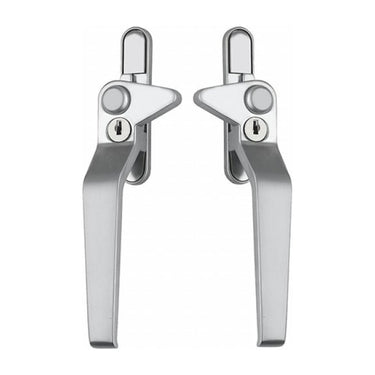 A pair of silver cockspur window handles with keys, suitable for uPVC windows.