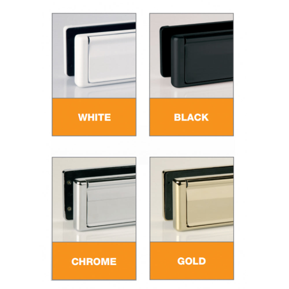 Image showing four color options for metal letterplates: white, black, chrome, and gold. Each letterplate is displayed in a close-up view with a clean, modern design, and each variant is labeled with its corresponding color in a white font over an orange background.
