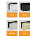 Image showing four color options for metal letterplates: white, black, chrome, and gold. Each letterplate is displayed in a close-up view with a clean, modern design, and each variant is labeled with its corresponding color in a white font over an orange background.
