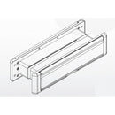Technical line drawing of a rectangular letterplate with a contoured front flap and internal housing. The design includes screw holes on the side flanges for mounting, and the flap is shown slightly open, indicating how mail can pass through.