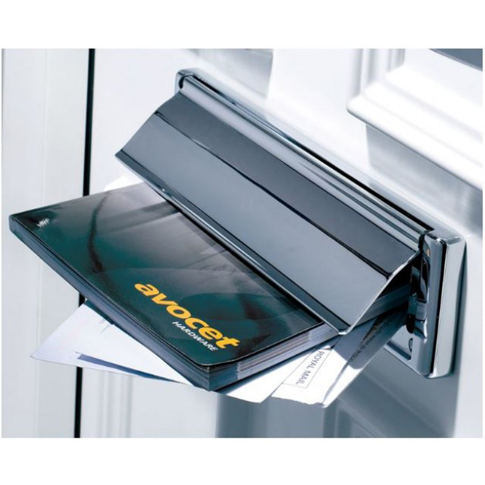 A silver-colored letterbox with contoured edges, partially opened, showing the brand name 'Avocet' on the flap.