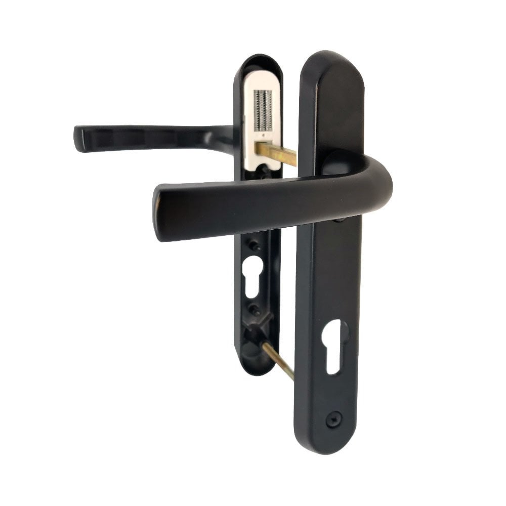 Black UPVC door handle set with lever mechanism, including one internal and one external handle, with visible screws and spindle.
