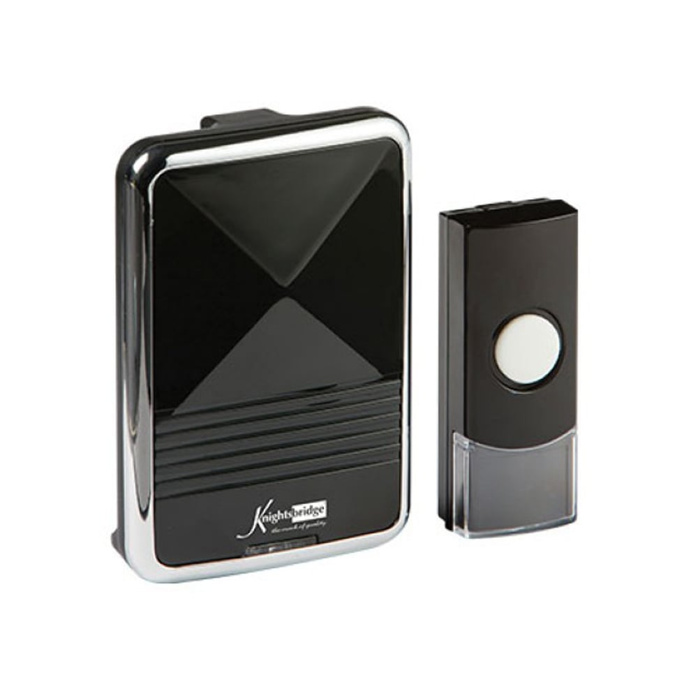 A polished black door chime with a chrome effect trim, featuring a button on the front and a small, rectangular receiver unit.