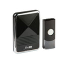 A black wireless plug-in door chime with a polished finish and chrome effect trim, including a round door bell button.