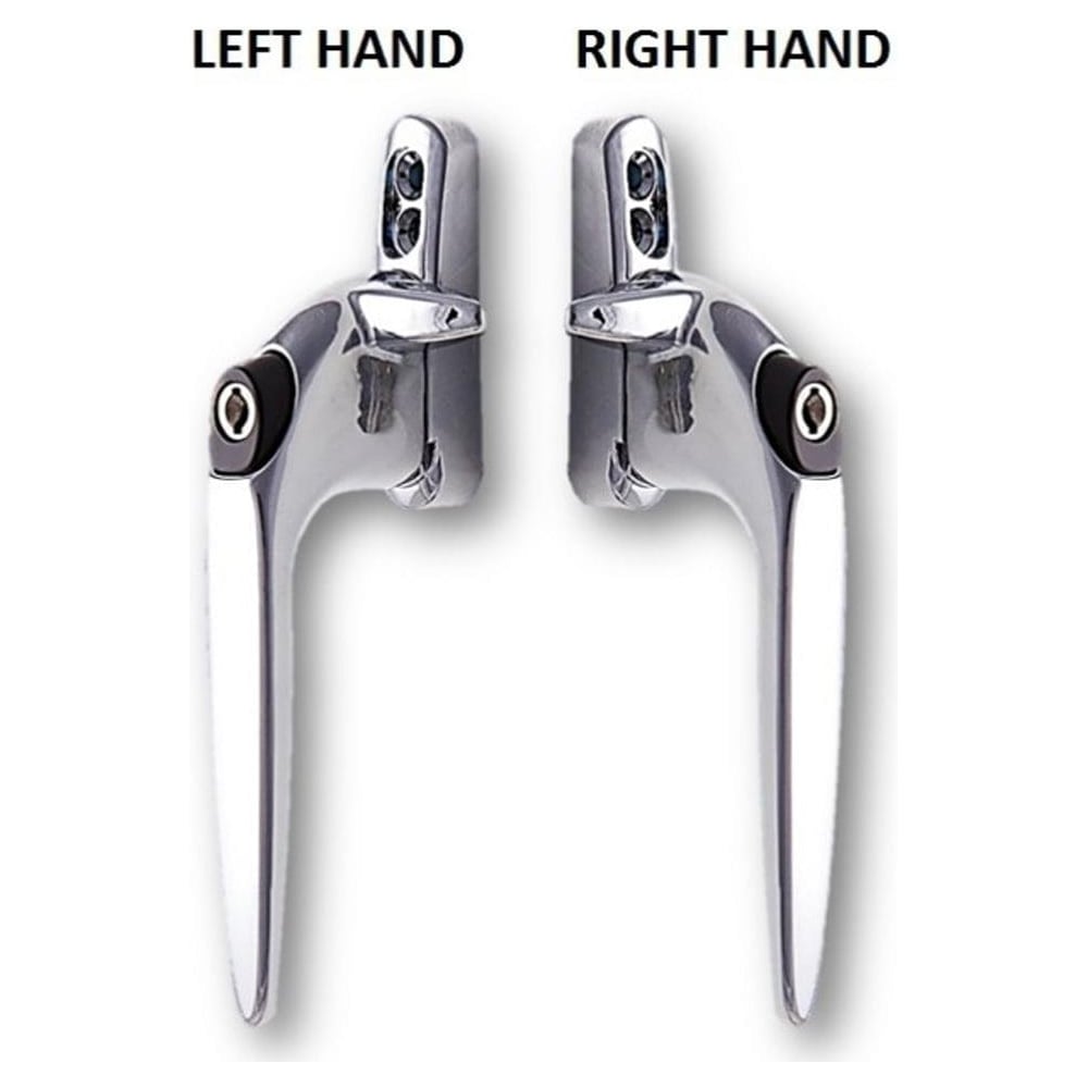 Left and right hand cockspur replacement uPVC Sparta window handles in polished chrome finish, each with key lock.