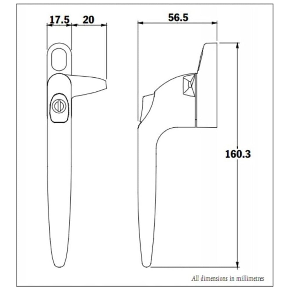echnical drawing of a Cockspur replacement uPVC Sparta window handle with dimensions: 160.3mm height, 56.5mm depth, 17.5mm handle width, and 20mm spur projection.