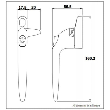 echnical drawing of a Cockspur replacement uPVC Sparta window handle with dimensions: 160.3mm height, 56.5mm depth, 17.5mm handle width, and 20mm spur projection.