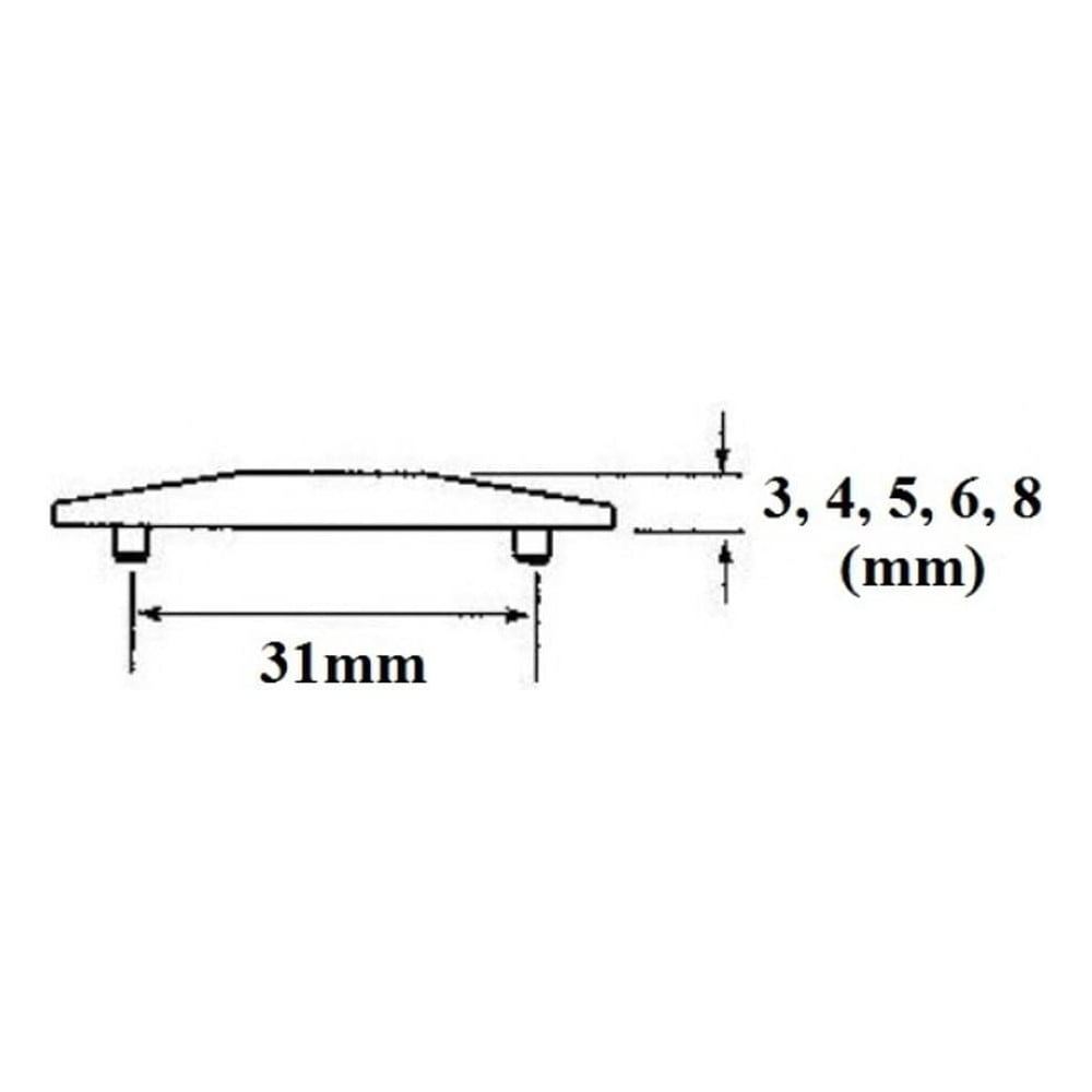 Diagram of Cockspur window handle wedges/striker plates showing a 31mm base width and various thickness options ranging from 3mm to 8mm.