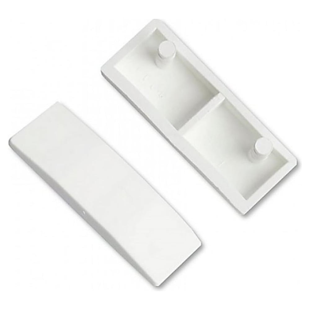 Two white plastic window handle striker plates with a groove in the center for accommodating a window handle, against a white background.