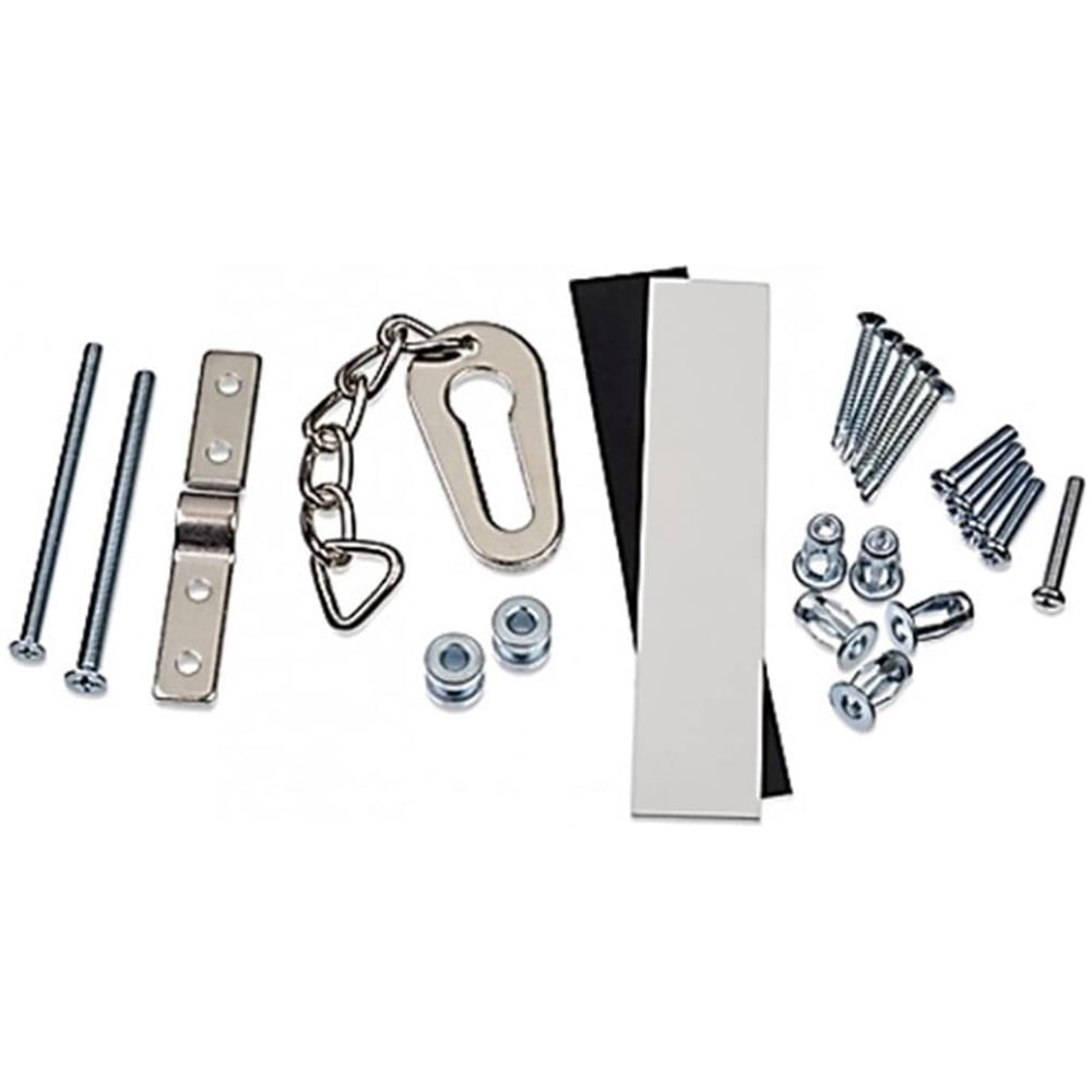 Door security chain for uPVC Door lock kit with screws, chain, mounting plates, and protective pads on a white background.