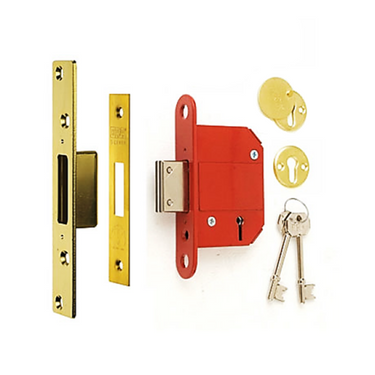 An image showing the components of the ERA Fortress 5 Lever Mortice Deadlock, including the lock case, face plate, keys, and keyhole escutcheon, along with the brass finish details.