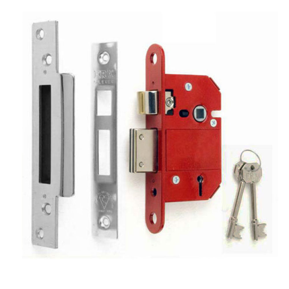 ERA Fortress 5 Lever Mortice Sashlock in satin chrome finish with a red and silver color scheme, including a key and screws.