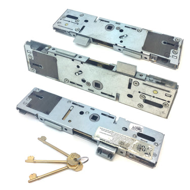 A set of metallic door lock mechanisms with keys, displayed from different angles to show the details.