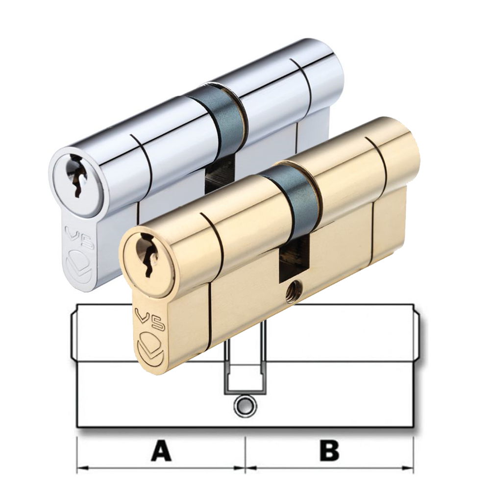 Illustration of two Euro cylinder locks, one in silver and one in gold color, with a technical drawing beneath them indicating dimensions 'A' and 'B'.