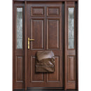 Brown fireproof letterbox security bag attached to a wooden front door.