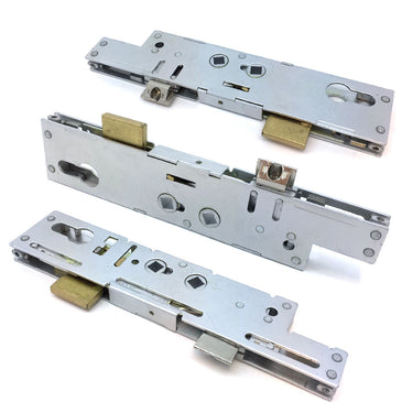 A metal door lock center case gearbox typically found inside a door, operated by a handle, with visible metal components and mechanisms.