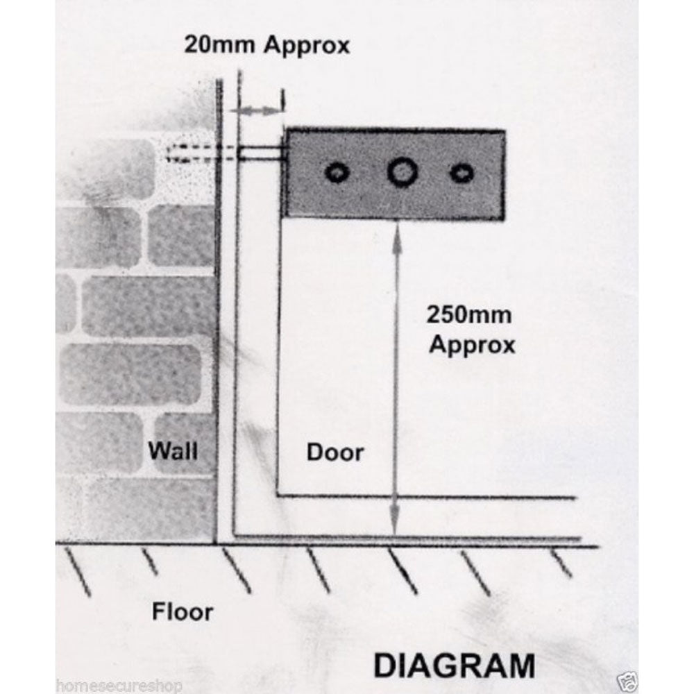 Diagram showing a door with a doorstop mounted on the wall 20mm away and 250mm above the floor.