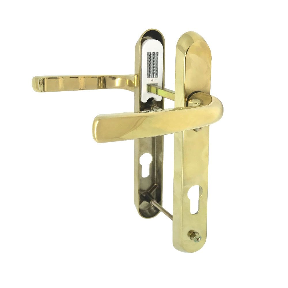 A set of gold UPVC door handles with lever mechanism, including one internal and one external handle, with visible screws and spindle.