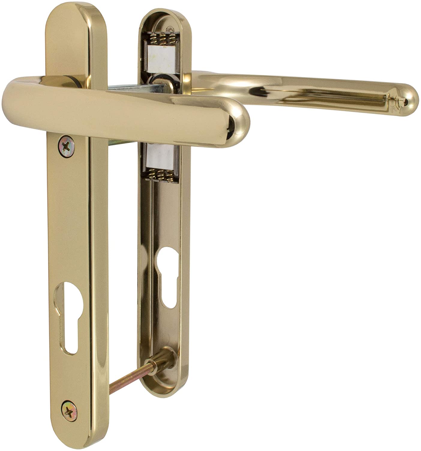 Polished brass door handle set with long backplates and euro cylinder keyholes