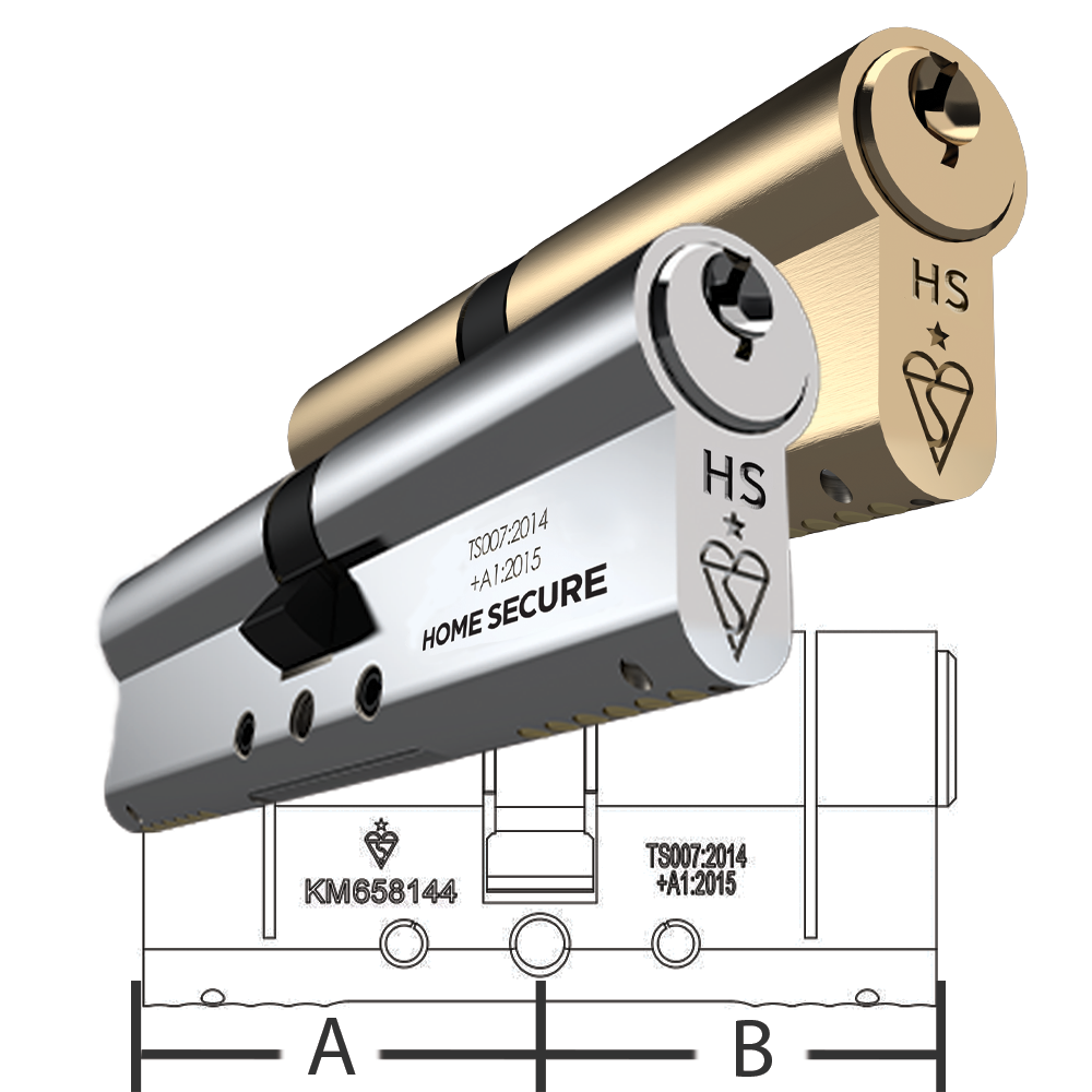 A diagram showing the structure and keyhole of a Home Secure 1 Star Euro Cylinder Door Lock, with measurements indicated.