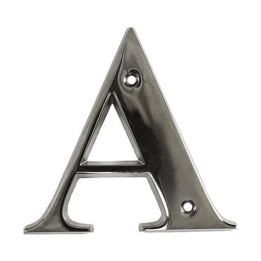A chrome letter A for house door letters, showing a glossy metallic finish with screw holes on the top left and bottom right corners.