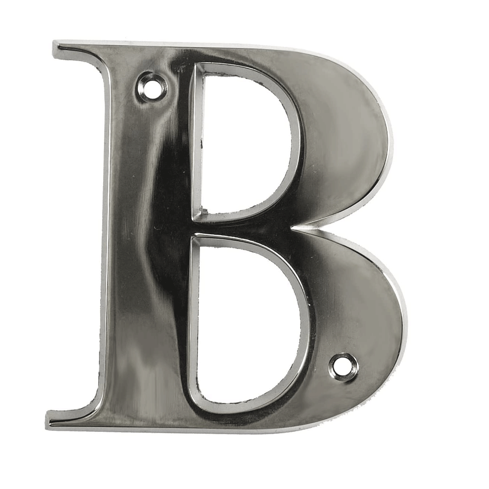 Chrome letter 'B' door or wall plaque in a polished silver finish with two mounting holes, one at the top left and one at the bottom right