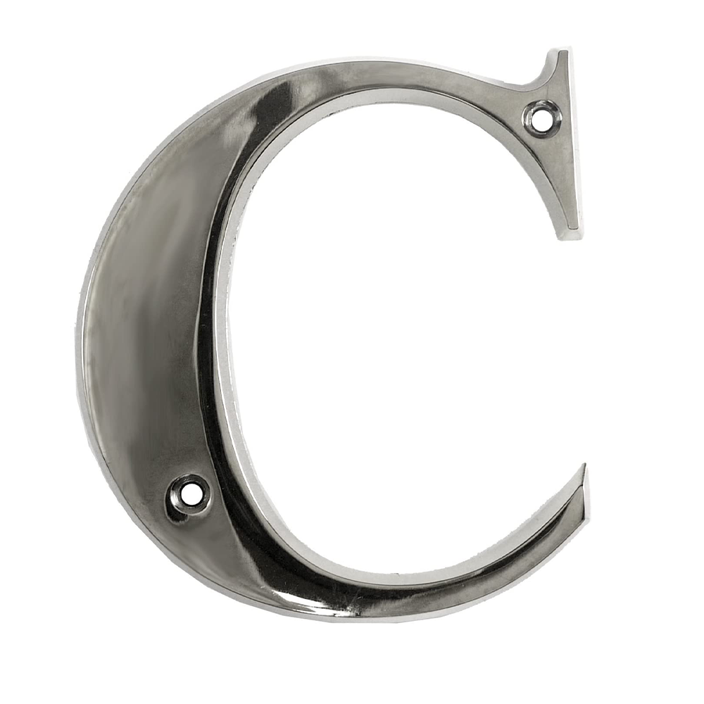 Polished silver metallic letter 'C' plaque with two mounting holes, one near the top right and one near the bottom left, designed for wall or door installation