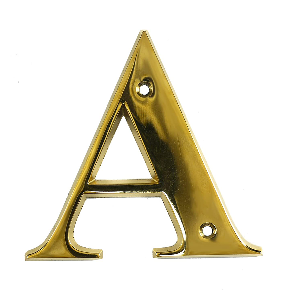 A gold metal letter 'A' with screw holes, intended for use as a house door letter.