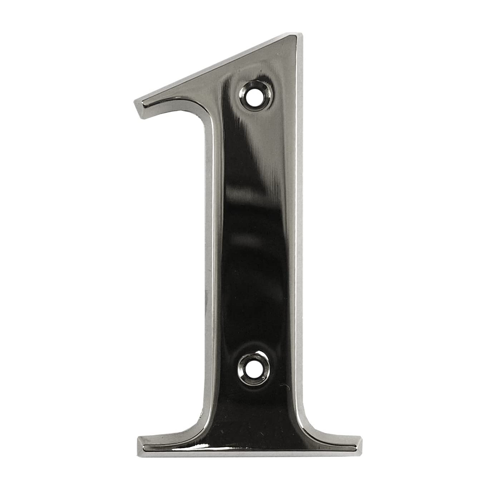 A chrome-plated house door number 1 with a sleek design, intended for use on various door types such as uPVC, timber, and composite doors.