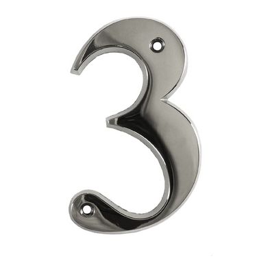 A chrome metal house door numeral number 3.