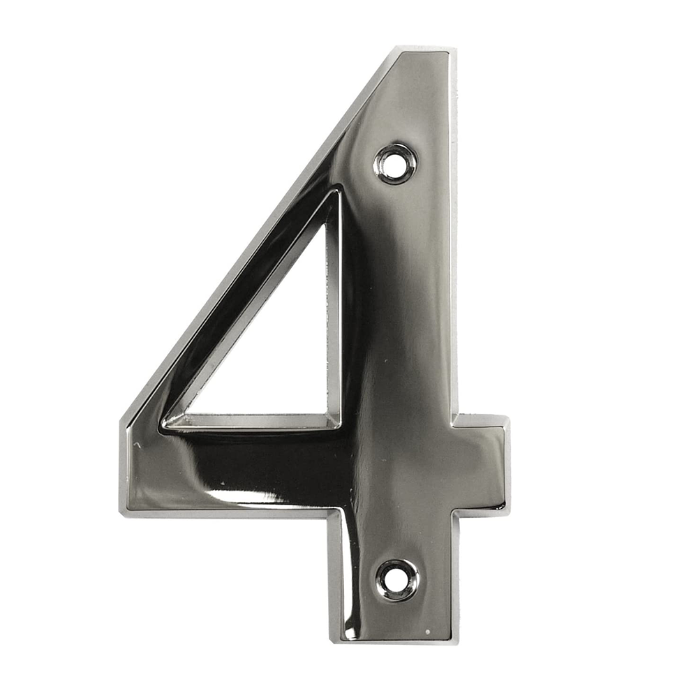 A chrome-plated house door number 4 with a sleek design, intended for use on various door types such as uPVC, timber, and composite doors.