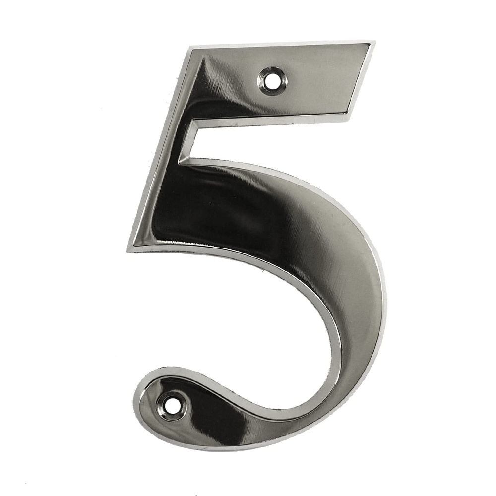Chrome number 5 door numeral with a curved shape and a reflective metallic finish, designed for house doors.