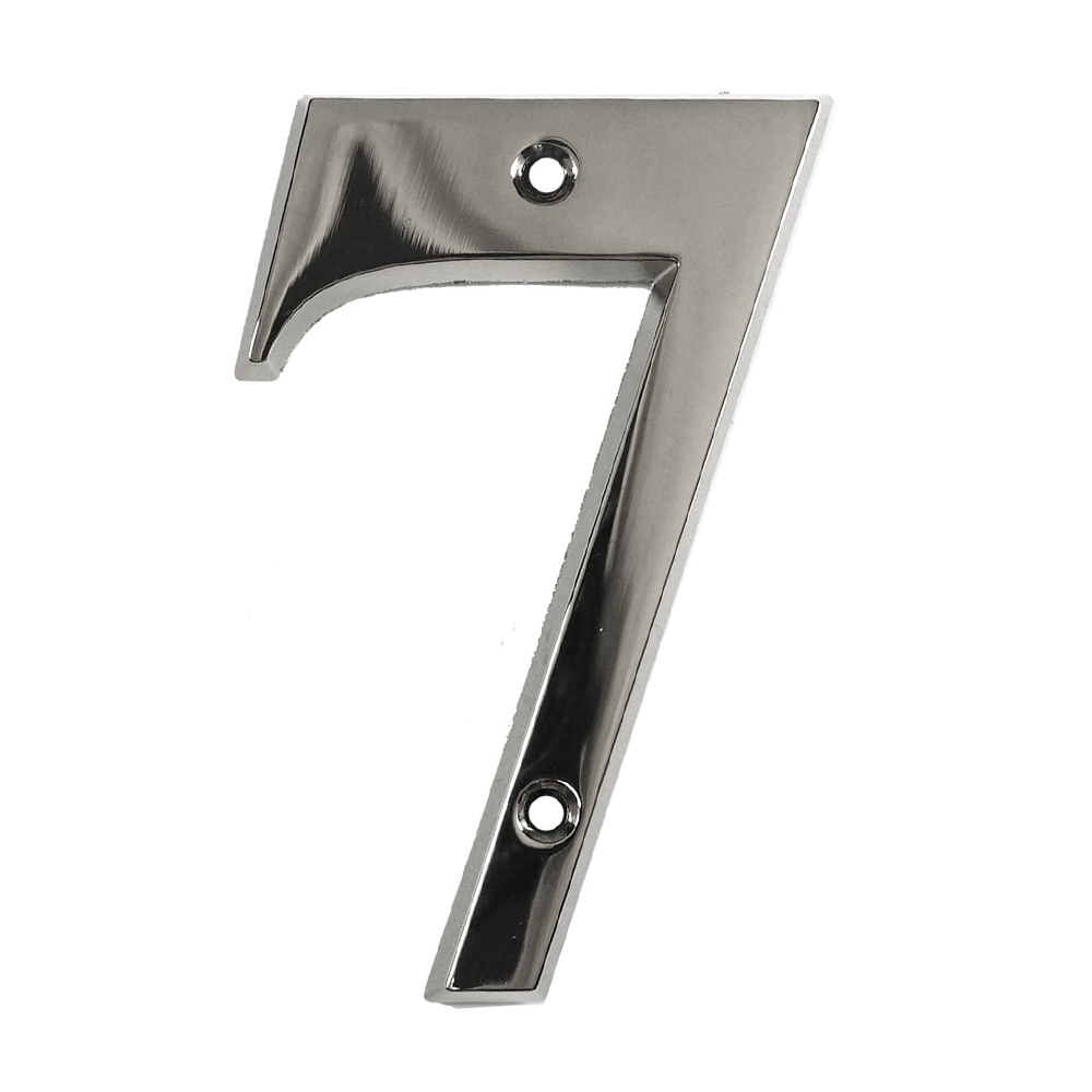 Chrome number 7 door numeral for housing doors, 5mm thick and 3 inches in height, with a shiny metallic finish.