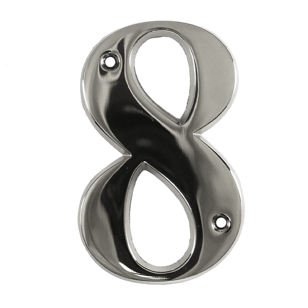 A chrome-plated house door number 8 with a sleek design, intended for use on various door types such as uPVC, timber, and composite doors.