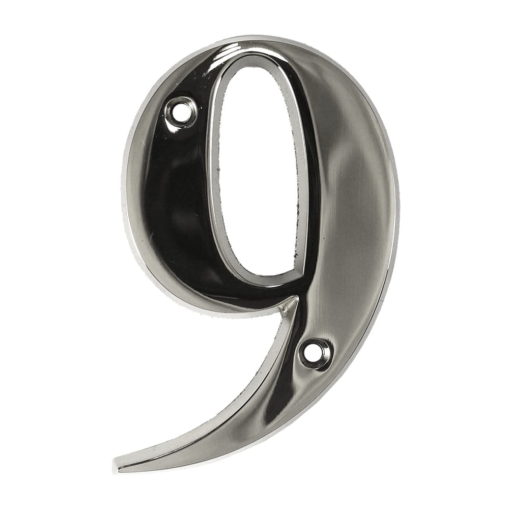 Chrome door number 9 numeral, 3 inches in height and 5mm thick, designed for door installation.