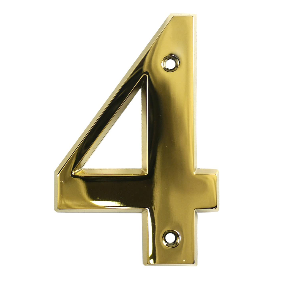 A gold metal house number '4' with a reflective surface, mounted on a white background.