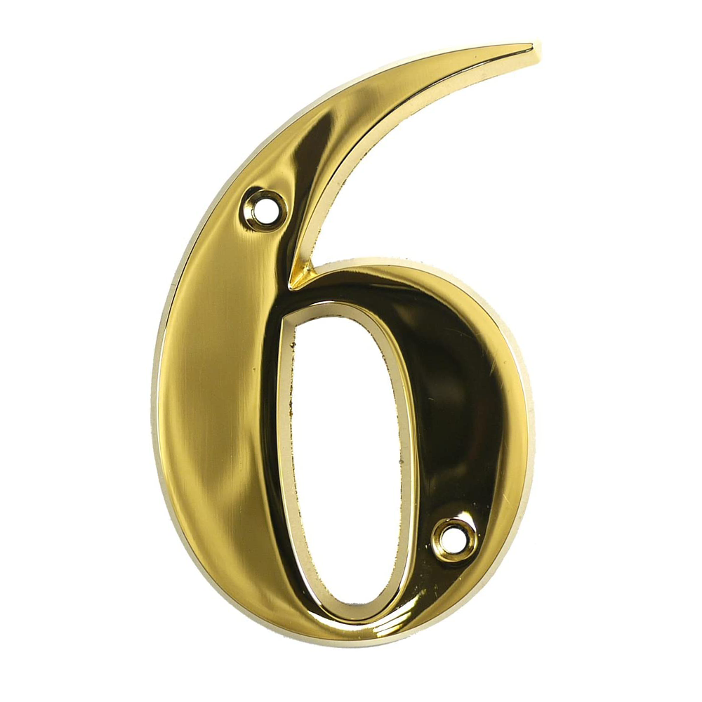 A gold-plated house door number 6 with a sleek design, intended for use on various door types such as uPVC, timber, and composite doors.