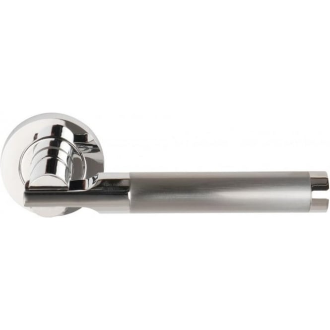 Modern interior door handle with a round rose, featuring a satin nickel grip and polished chrome ends.